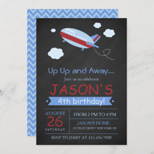 Up up and away cute aeroplane chalkboard birthday invitation
