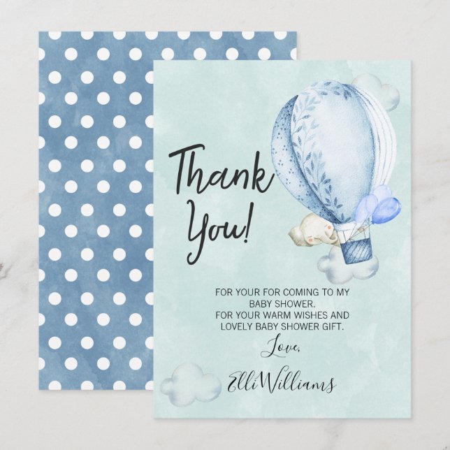 Up Up And Away Elephant Baby Shower Thank You Card (Front/Back)