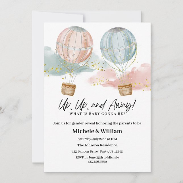 Up, Up and Away – Gender Reveal Invitation (Front)