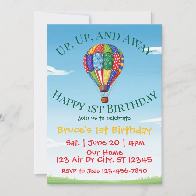 Up, Up, and Away Hot Air Balloon 1st Birthday Invitation (Front)