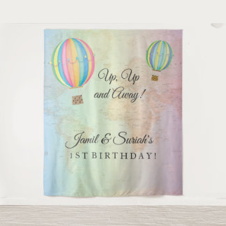 Up Up and Away Hot Air Balloon birthday backdrop Tapestry