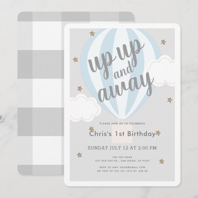 Up Up and Away Hot Air Balloon Blue 1st Birthday Invitation (Front/Back)