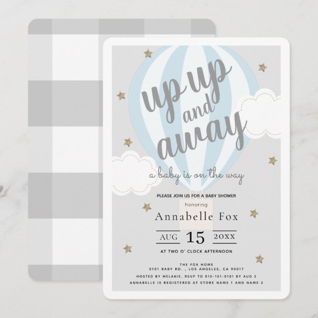 Up Up and Away Hot Air Balloon Blue Baby Shower Invitation (Front/Back)