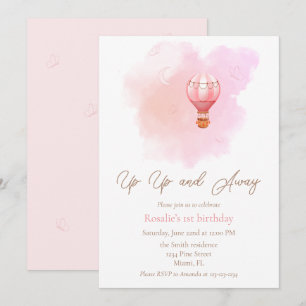 Up Up and Away Hot Air Balloon First Birthday Girl Invitation