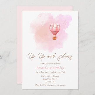 Up Up and Away Hot Air Balloon First Birthday Girl Invitation