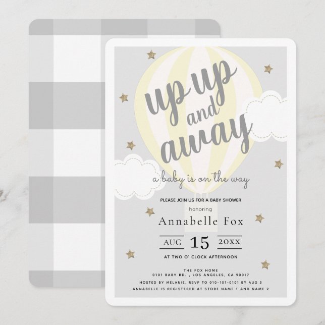 Up Up and Away Hot Air Balloon Yellow Baby Shower Invitation (Front/Back)