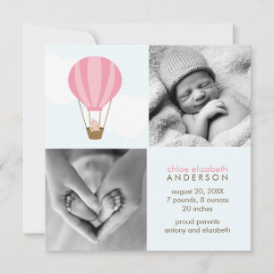 Up, Up and Away! Pink Balloon Baby Announcements