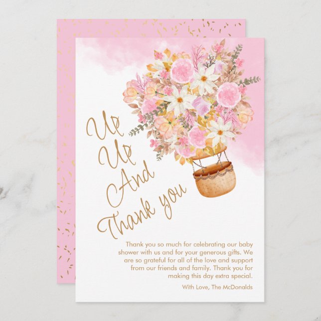 Up, Up, and Away – Pink Floral Balloon Baby Shower Thank You Card (Front/Back)