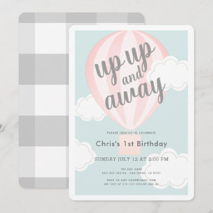 Up Up and Away Pink Hot Air Balloon 1st Birthday Invitation