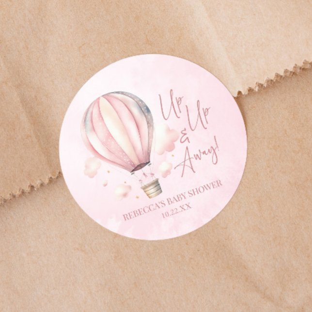 Up Up and Away! Pink Hot Air Balloon Baby Shower Classic Round Sticker (Creator Uploaded)