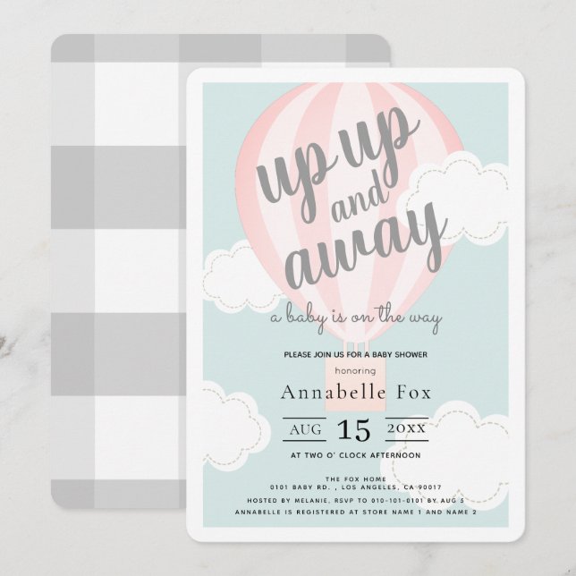 Up Up and Away Pink Hot Air Balloon Baby Shower Invitation (Front/Back)