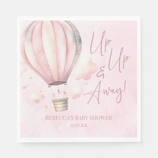 Up Up and Away! Pink Hot Air Balloon Baby Shower Napkin (Front)