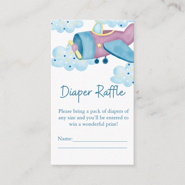 Up Up and Away Purple Aeroplane Diaper Raffle Enclosure Card (Front)
