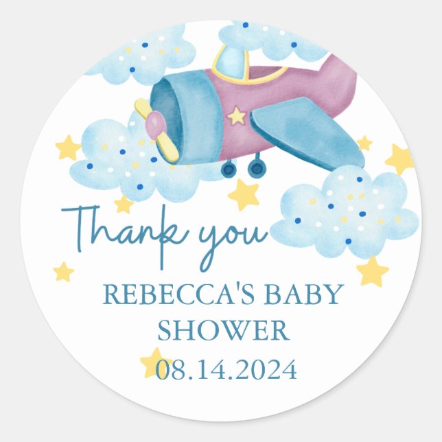 Up Up and Away Purple Aeroplane Thank you  Classic Round Sticker (Front)