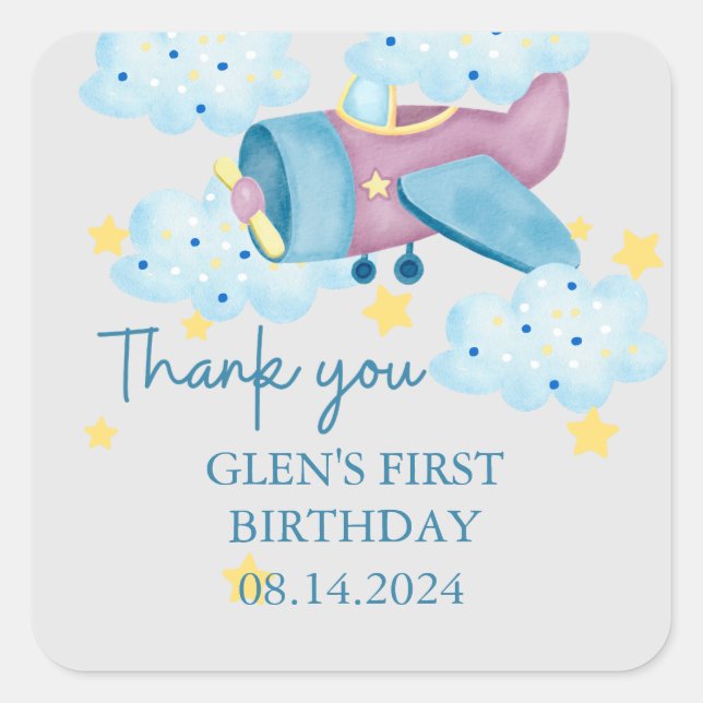 Up Up and Away Purple Aeroplane Thank you  Square Sticker (Front)