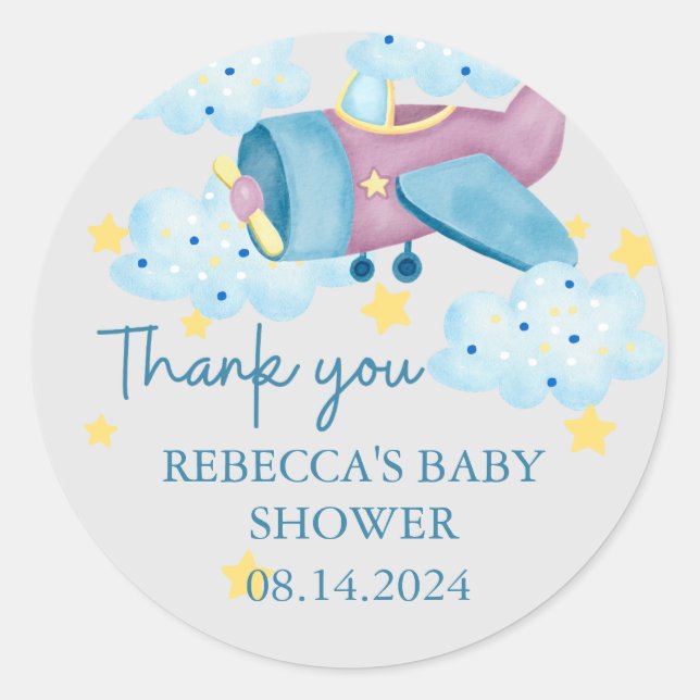 Up Up and Away Purple Grey Aeroplane Thank you  Classic Round Sticker (Front)