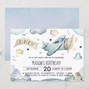 Up Up and Away Watercolor Aeroplane Birthday Party Invitation