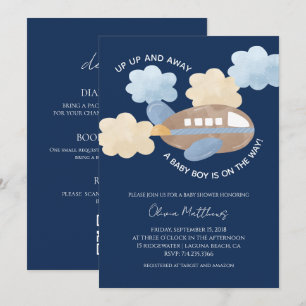 Up Up and Away Watercolor Aeroplane Boy Baby Showe Invitation