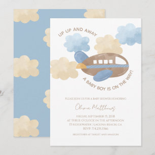 Up Up and Away Watercolor Aeroplane Boy Baby Showe Invitation
