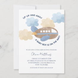 Up Up and Away Watercolor Aeroplane Boy Baby Showe Invitation