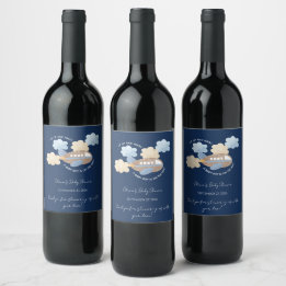 Up Up and Away Watercolor Aeroplane Boy Baby Showe Wine Label