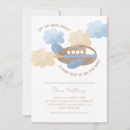 Up Up and Away Watercolor Airplane Boy Baby Shower Invitation