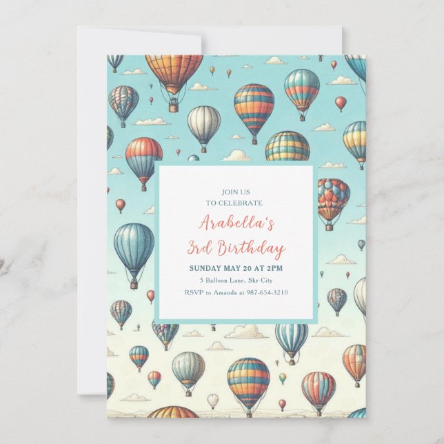 Up, Up, and Away! Whimsical Hot Air Balloons Invitation (Front)