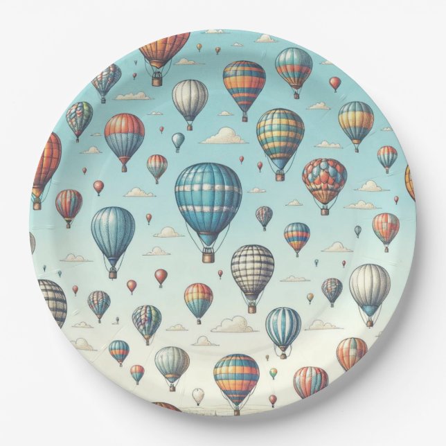 Up, Up, and Away! Whimsical Hot Air Balloons Paper Plate (Front)