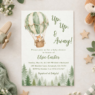 Up Up and Away Woodland Fox Balloon Baby Shower Invitation