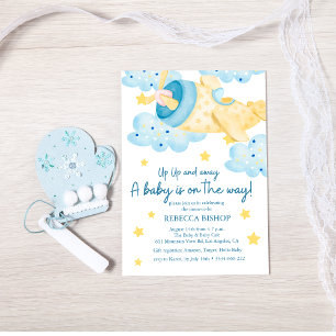Up Up and Away Yellow Aeroplane Baby Boy Shower Invitation