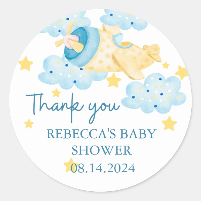 Up Up and Away Yellow Aeroplane Thank you  Classic Round Sticker (Front)