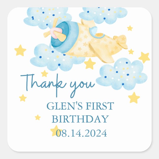 Up Up and Away Yellow Aeroplane Thank you  Square Sticker (Front)