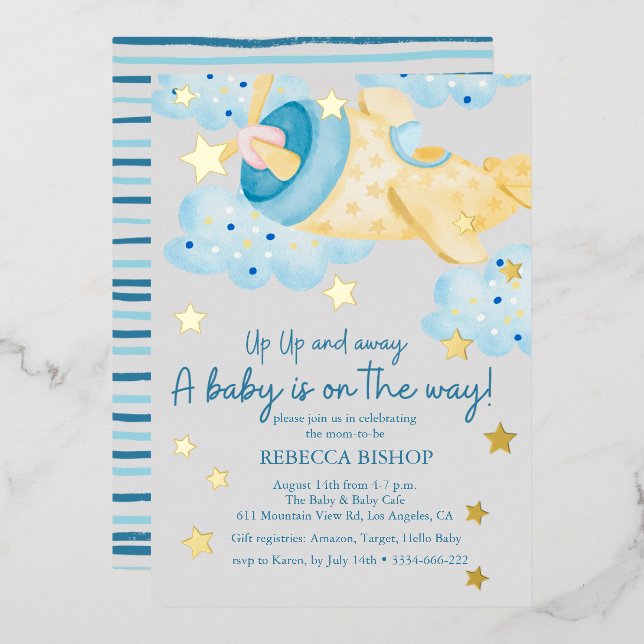 Up Up and Away Yellow Grey Aeroplane Baby Shower (Front/Back)