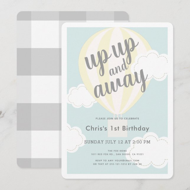 Up Up and Away Yellow Hot Air Balloon 1st Birthday Invitation (Front/Back)