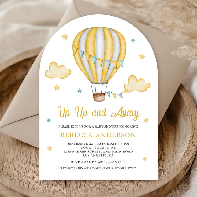 Up Up and Away Yellow Hot Air Balloon Baby Shower Invitation (Creator Uploaded)