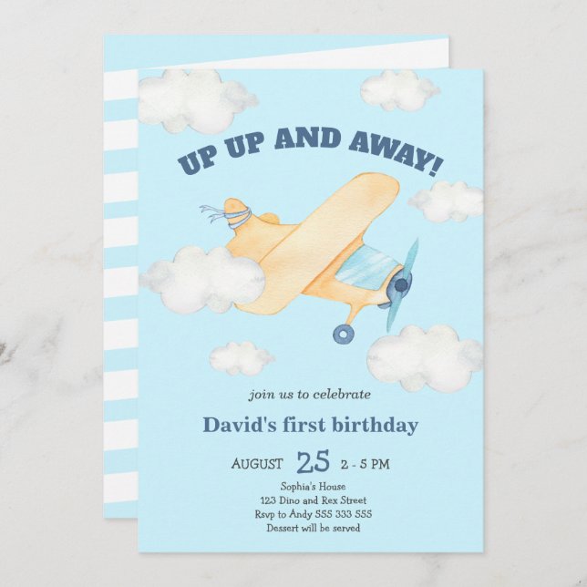 Up Up & Away 1st Boy Birthday Blue Invitation (Front/Back)