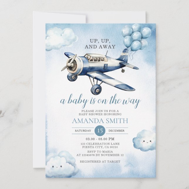 Up, Up, & Away Aeroplane Baby Shower Blue Balloon Invitation (Front)