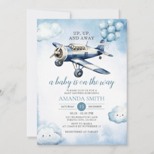 Up, Up, & Away Aeroplane Baby Shower Blue Balloon Invitation