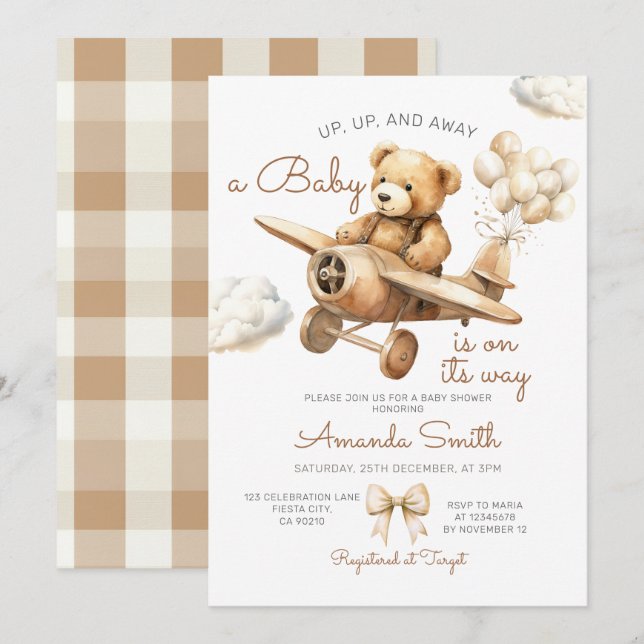 Up, Up, & Away Aeroplane Bear Baby Shower Gingham Invitation (Front/Back)