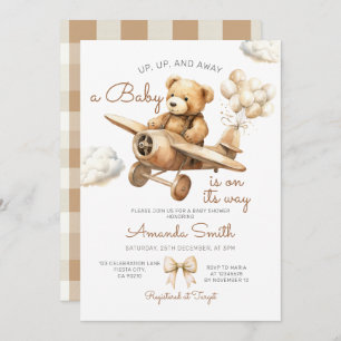 Up, Up, & Away Aeroplane Bear Baby Shower Gingham Invitation