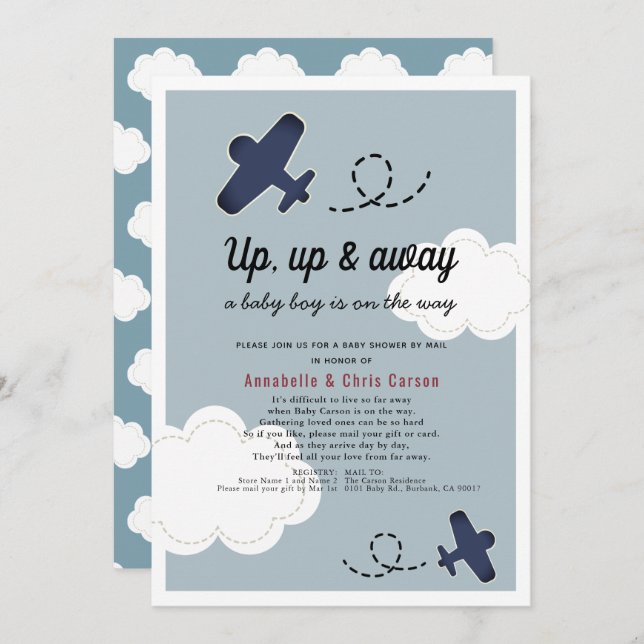 Up Up & Away Aeroplane Blue Boy Baby Shower by Mai Invitation (Front/Back)
