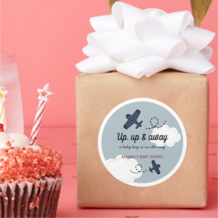 Up Up & Away Aeroplane Blue Boy Baby Shower Classic Round Sticker