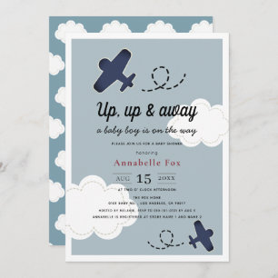 Up Up & Away Aeroplane Blue Boy Baby Shower Invitation