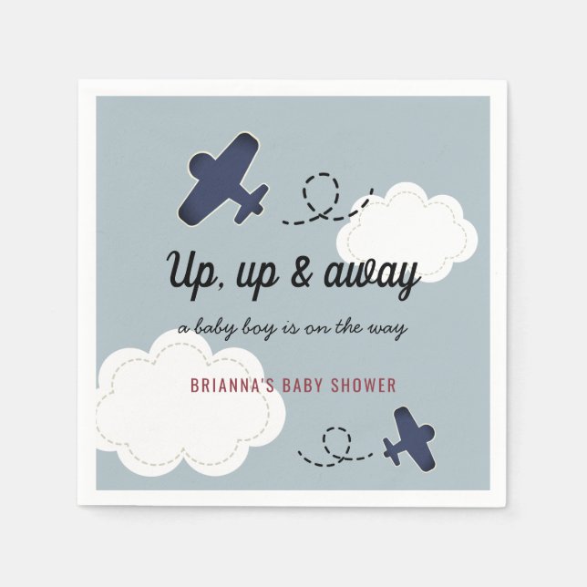 Up Up & Away Aeroplane Blue Boy Baby Shower Napkin (Front)