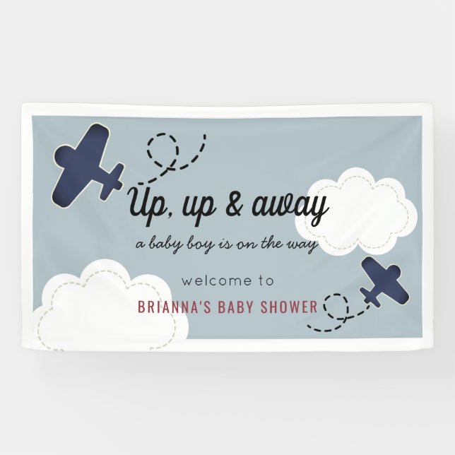 Up Up & Away Aeroplane Blue Boy Baby Shower Welcom Banner (Horizontal)