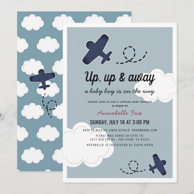 Up Up & Away Aeroplane Blue Boy Virtual Baby Showe Invitation (Front/Back)
