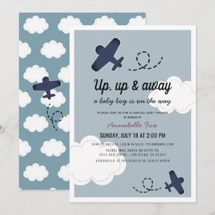 Up Up & Away Aeroplane Blue Boy Virtual Baby Showe Invitation