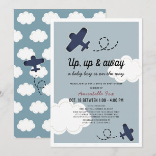 Up Up & Away Aeroplane Blue Drive-by Baby Shower Invitation