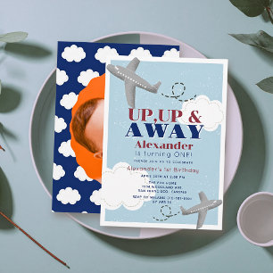 Up Up & Away Aeroplanes Blue Boy Photo 1st Birthda Invitation