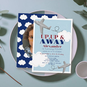 Up Up & Away Aeroplanes Blue Boy Photo Birthday Invitation